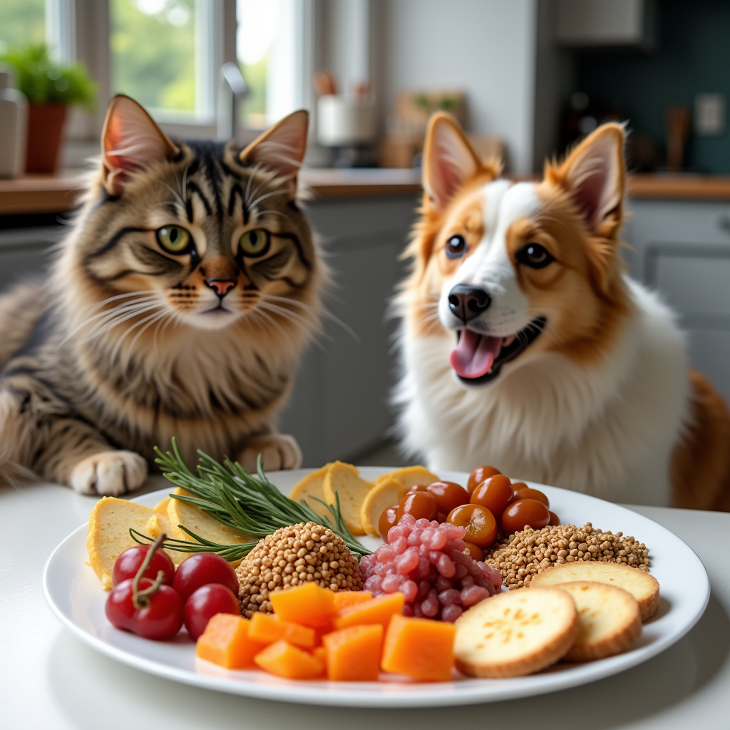 A cat and a dog intently observing a large plate filled with a balanced assortment of natural pet foods and other food sources