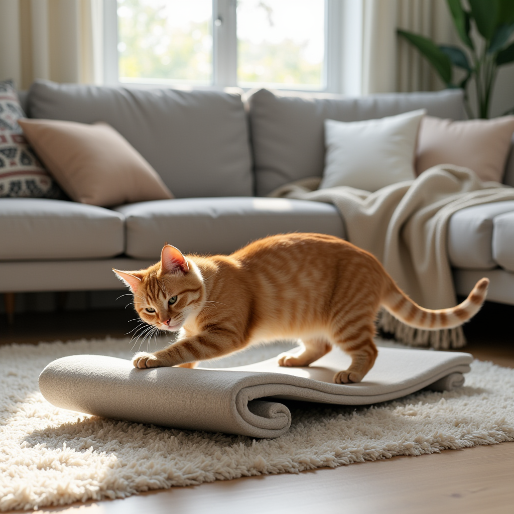 A housecat elongating her body in a stretch while using a modern, muted toned cat scratcher, situated in a comfortable living room
