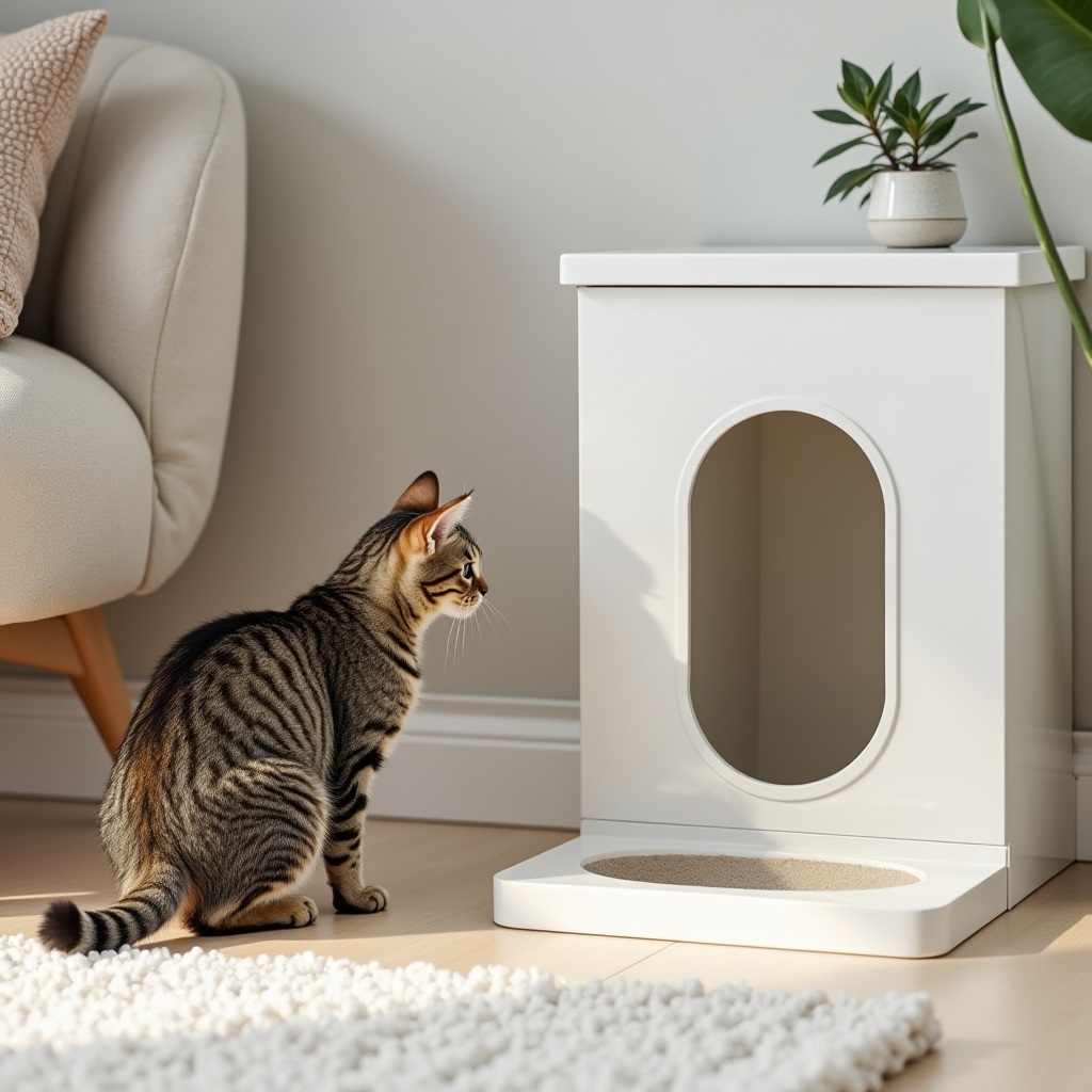 Image of a cat looking curiously around a modernly designed, clean and private litter box area in a chic home