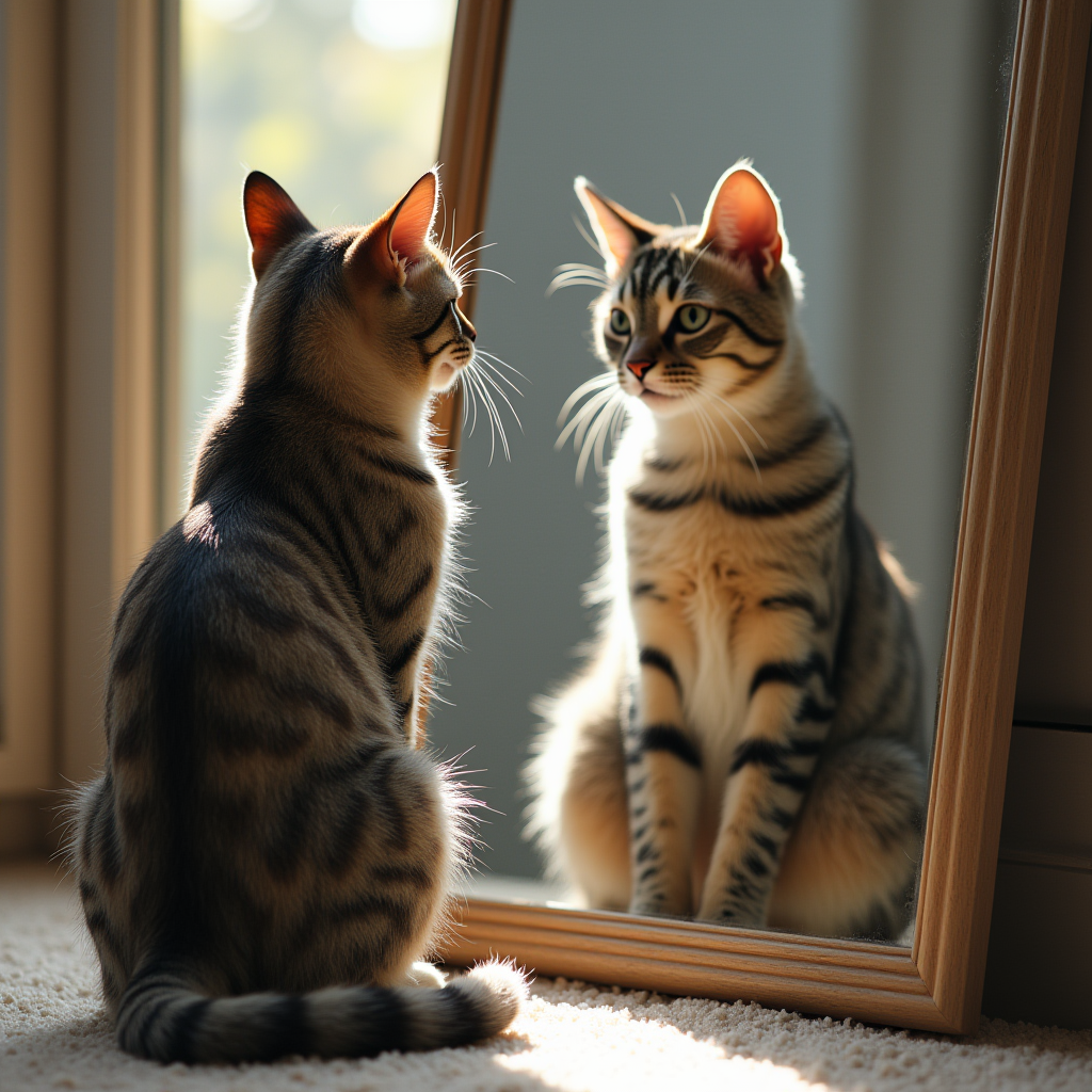A cat sitting upright, attentively staring at its own reflection in a mirror