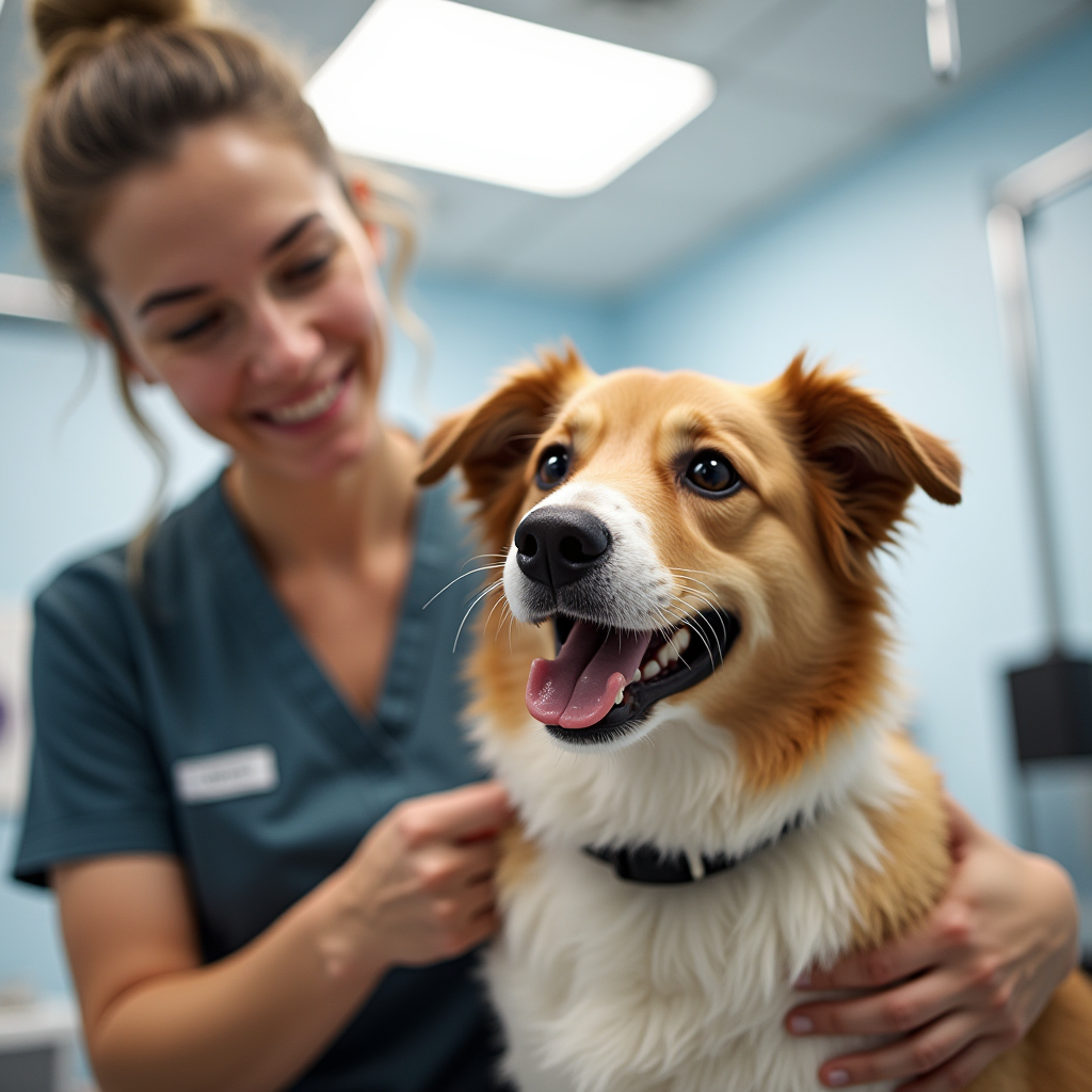 Smiling pet groomer in uniform brushing a cheerful mixed-breed dog in a clean, bright salon