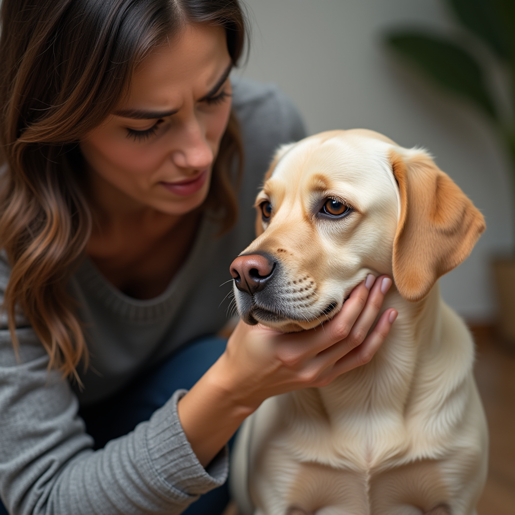 Owner examining and comforting worried Labrador Retriever