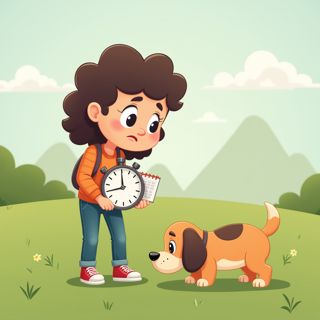 A new puppy owner holding a stopwatch and calendar, watching their puppy playing on the grass