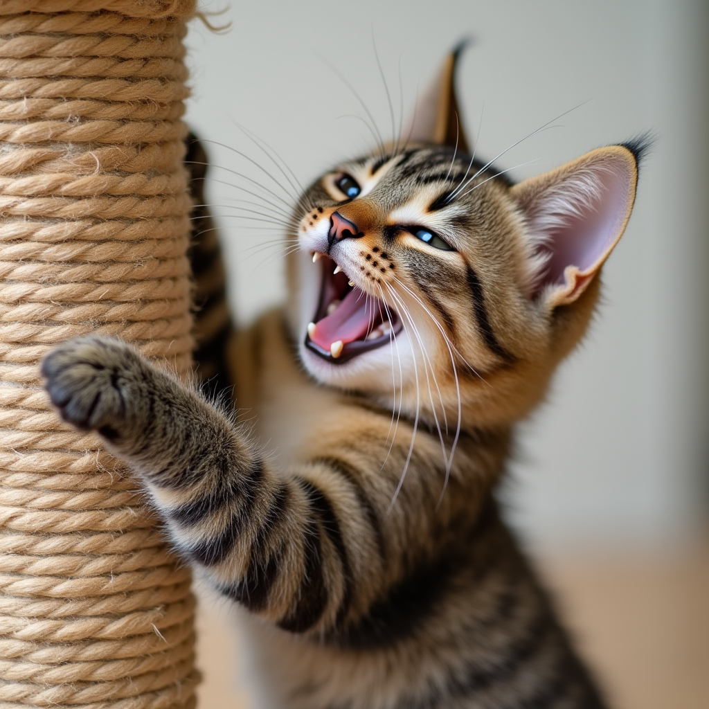 Image of an excited cat stretching its claws into a sisal scratching post