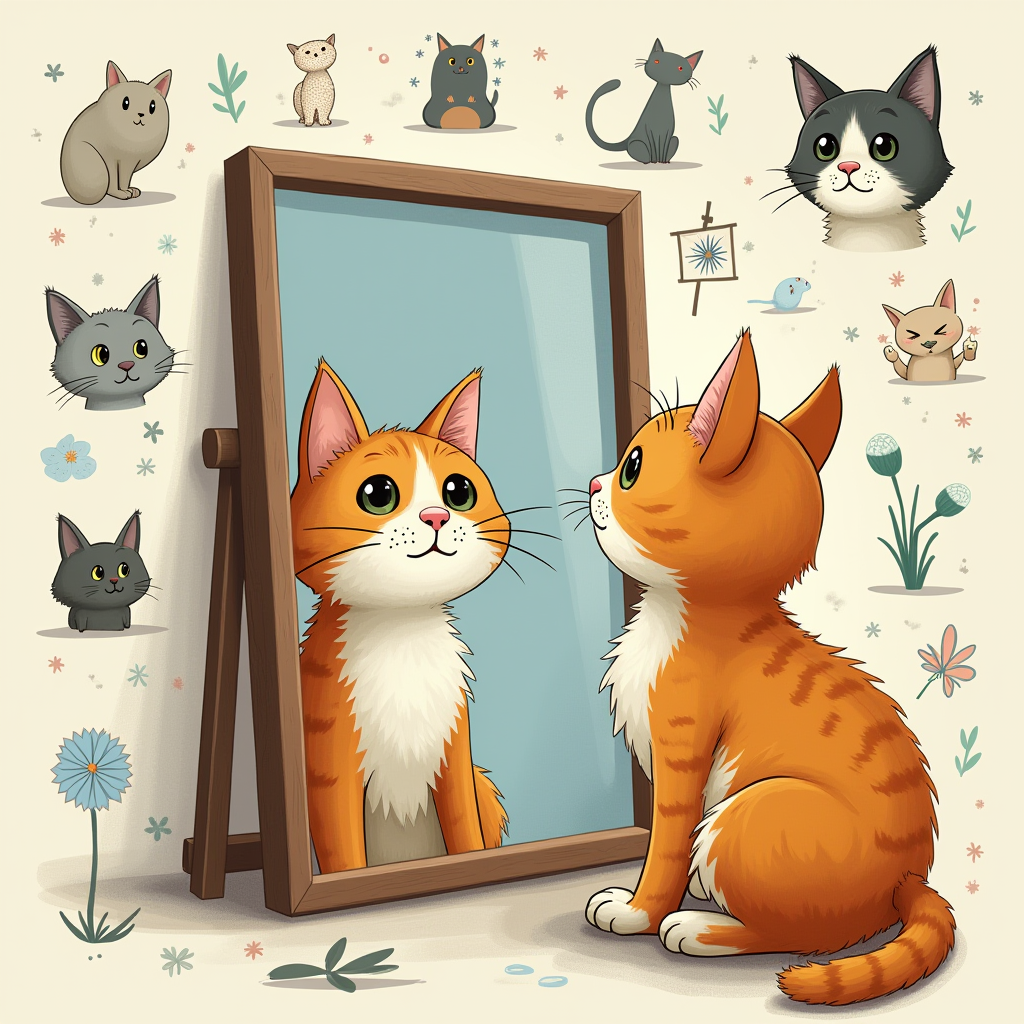 Alt text: Image of a curious cat looking into a mirror, surrounded by artistic illustrations of emotions and character traits.