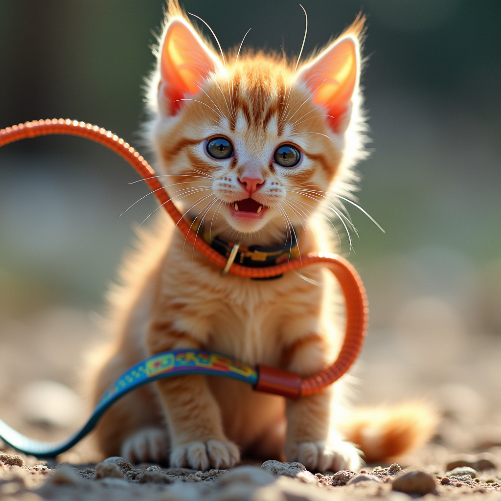 Image of a curious kitten tangled up in a colorful leash