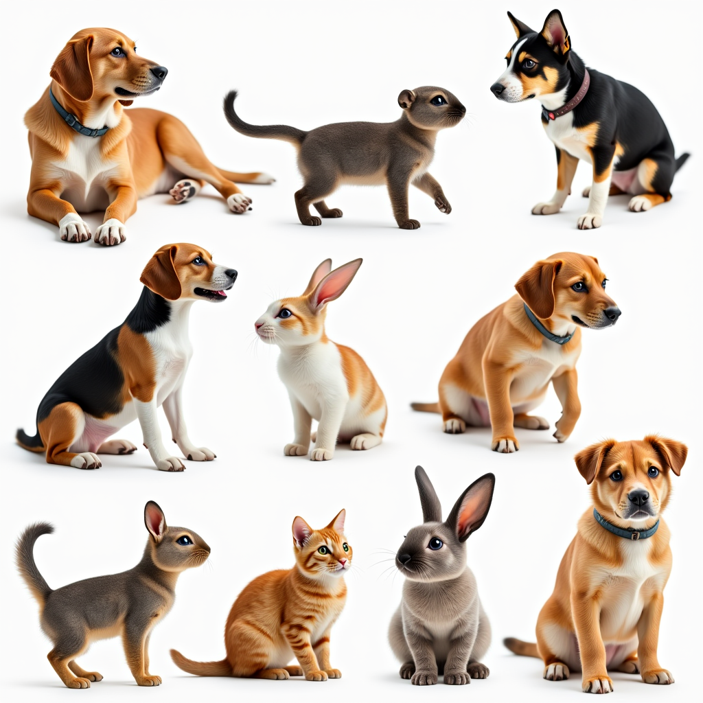An illustrative collage featuring dogs, cats, birds, fishes, and rabbits in diverse activities