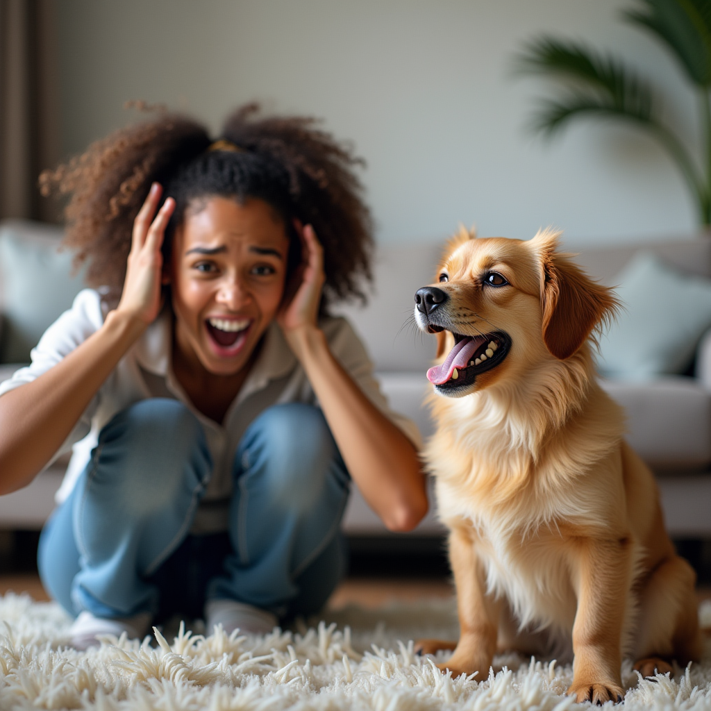 Woman with frustrated look covering her ears with a big fluffy dog barking in a home setting