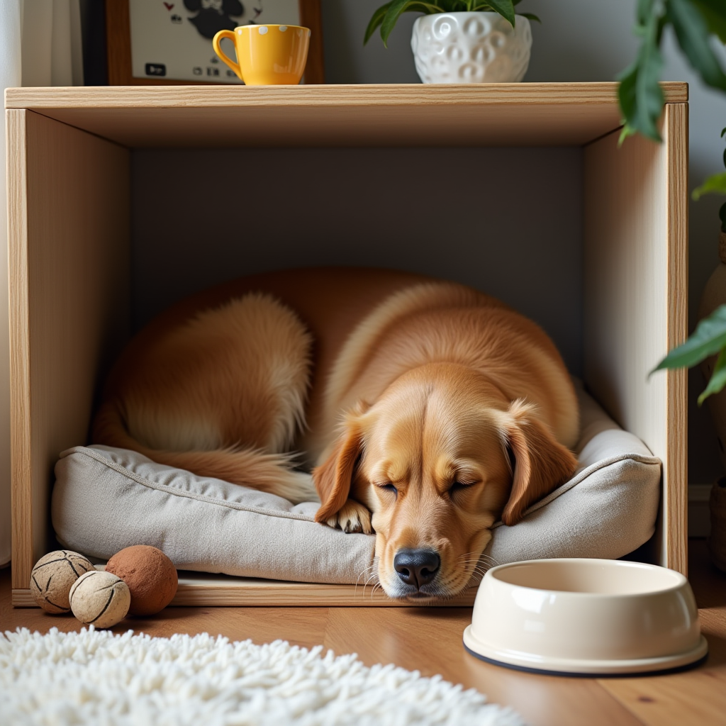 Golden Retriever sleeping peacefully in a dedicated corner with a soft bed, toys, and a water bowl
