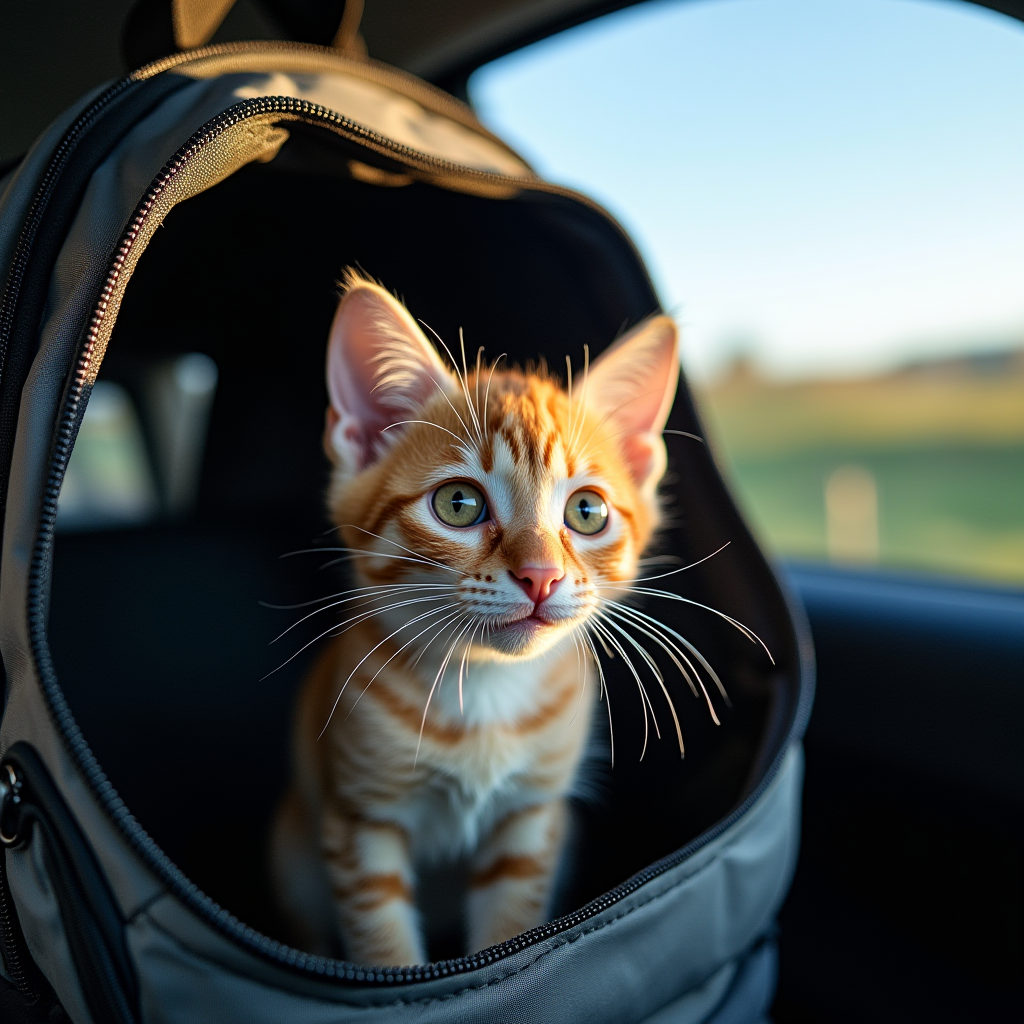 An apprehensive cat inside a pet carrier, with the blurry scene of a quickly moving landscape through a vehicle window.