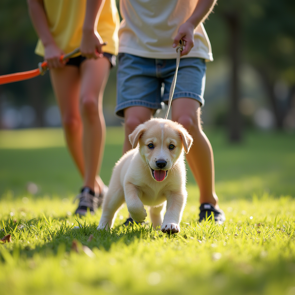 An energetic puppy pulling on a leash held by a child, both surrounded by greenery and sunlight.