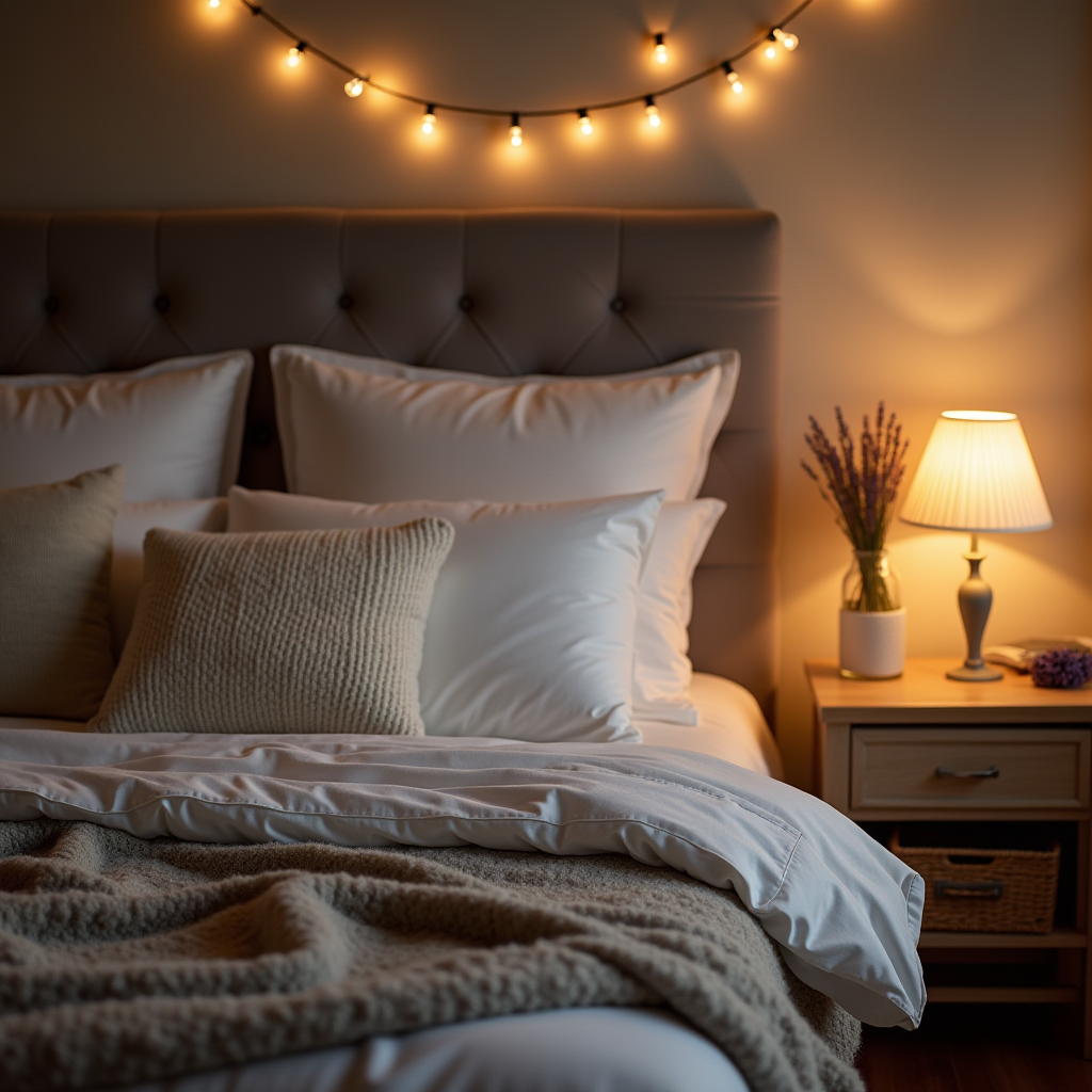 Image of a serene bedroom setup with fluffy pillows, a cozy blanket, dim lighting, and a calming lavender pot on the bedside table.