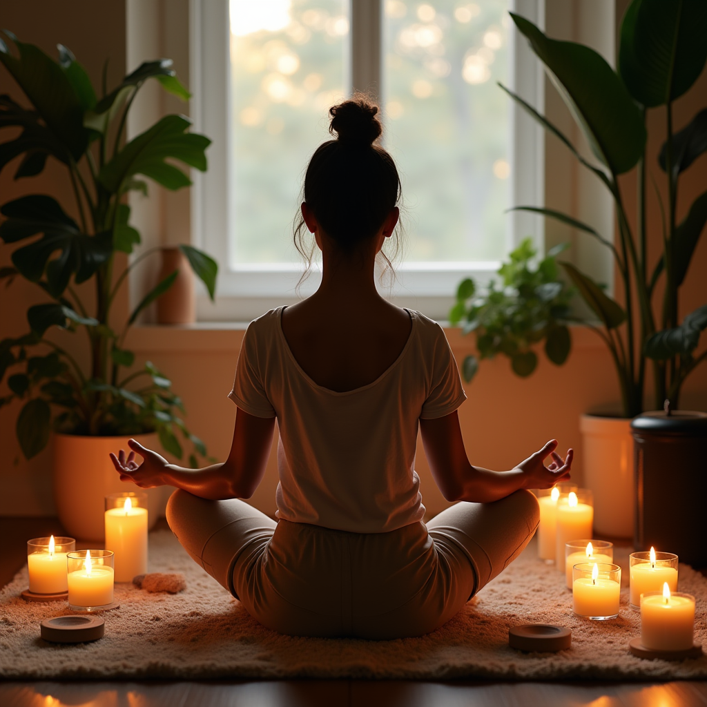 Alt-Text: A serene person meditating on a mat, surrounded by lit aromatic candles and green plants, with a speaker emitting soothing sounds of ocean waves.