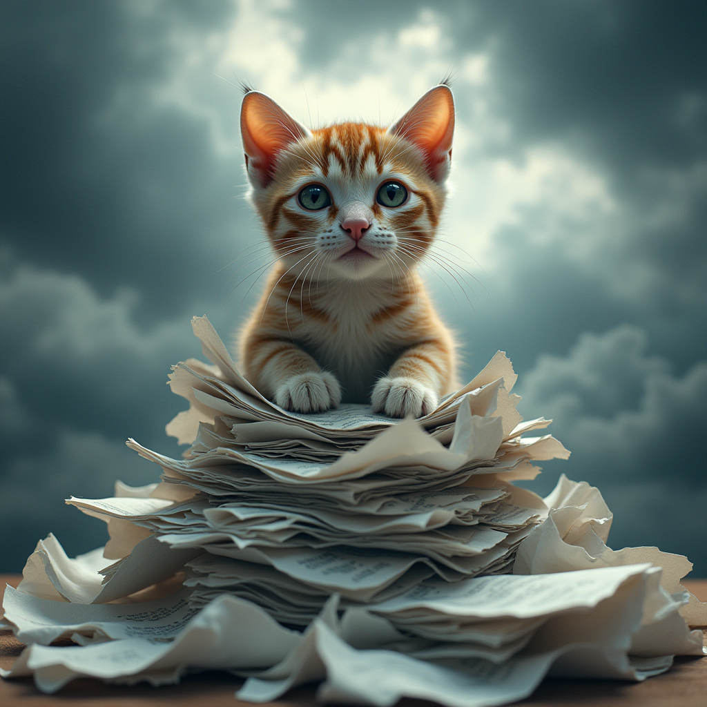 An anxious cat sitting on top of a mound of wrinkled papers with a backdrop of ominous clouds