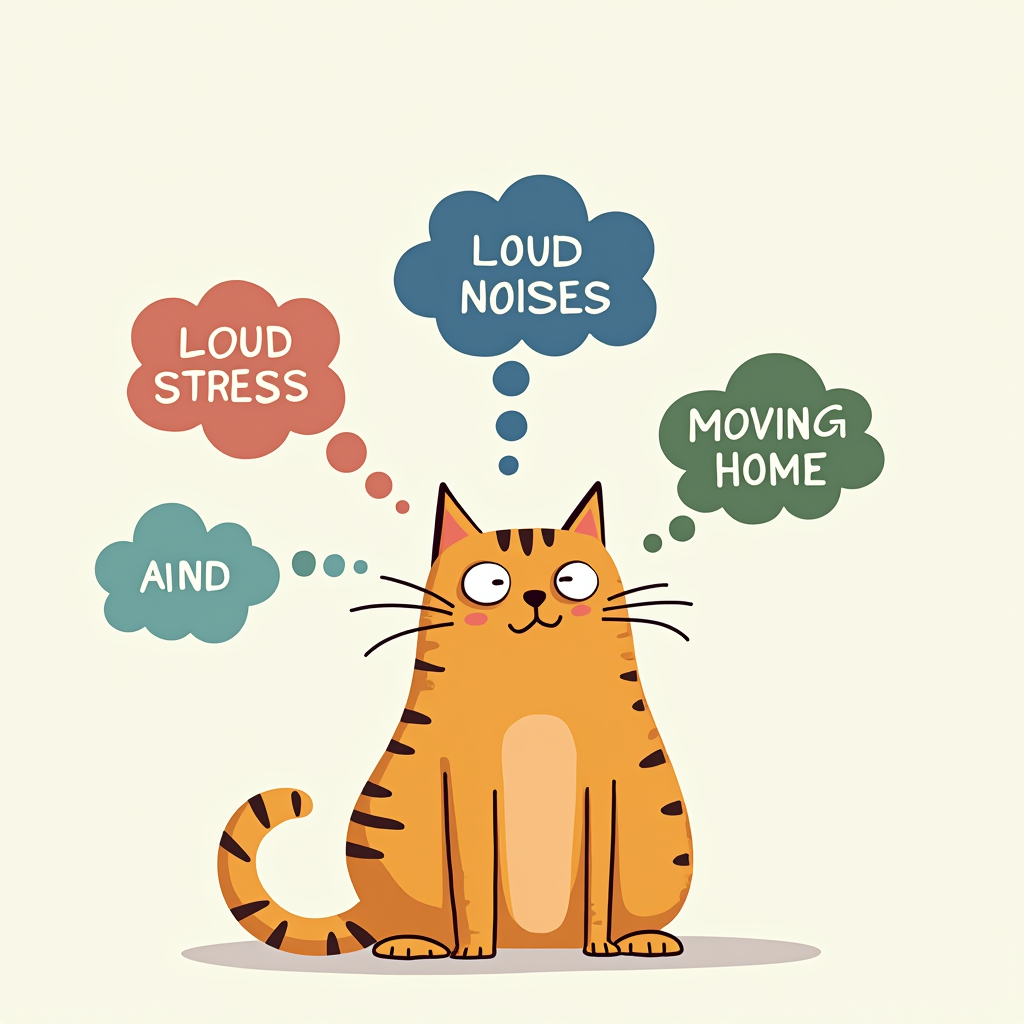 An anxious-looking cat surrounded by thought bubbles depicting common stressors, including loud noises, unfamiliar people, and moving boxes.