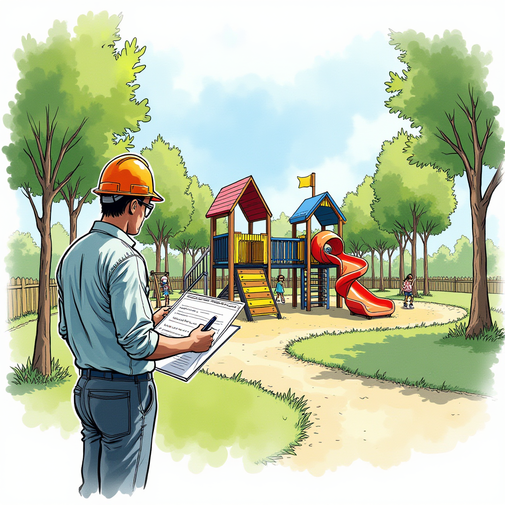 Architect hand sketching a cheerful playground with playground equipment and greenery