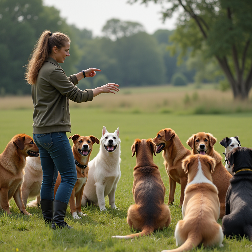 Renowned dog trainer gesturing command while a variety of dog breeds attentively wait in a semi-circle.