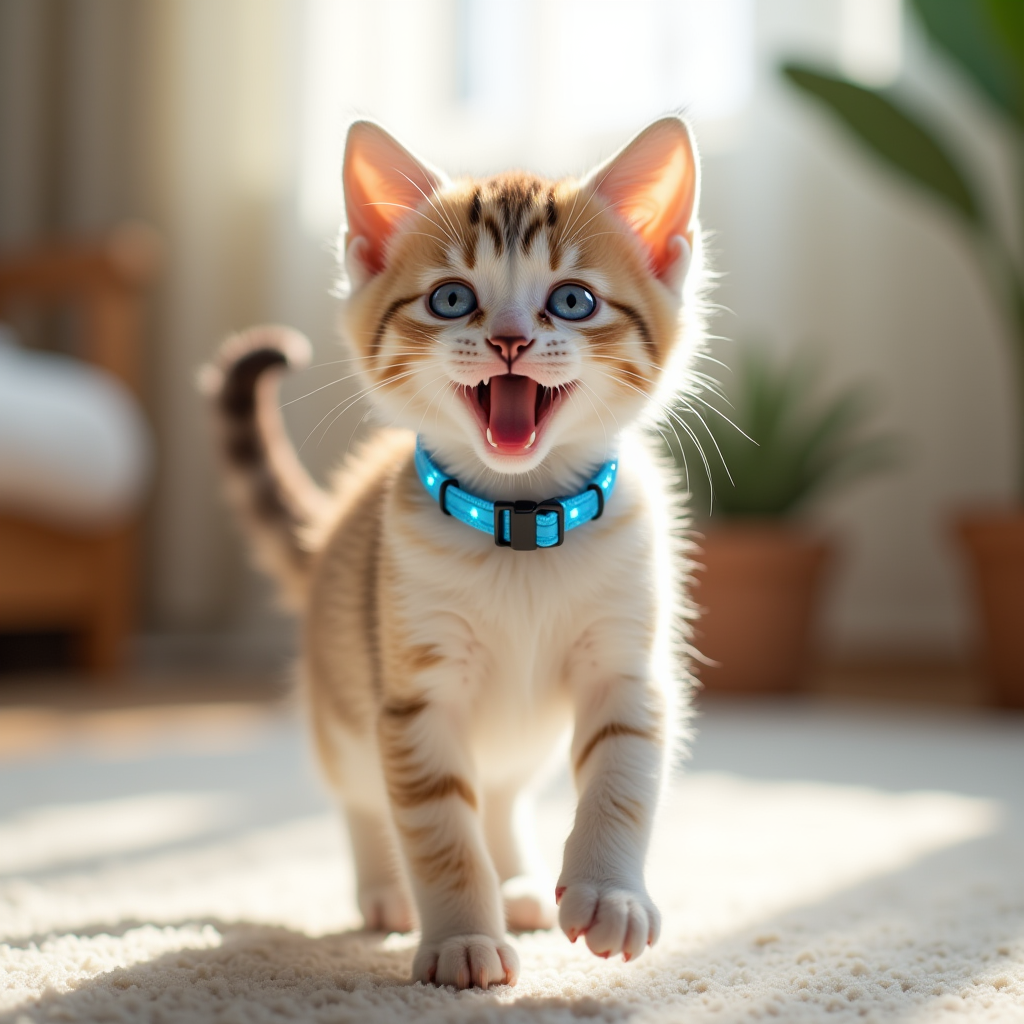 An energetic kitten with gleaming blue eyes and a shiny blue collar prancing in a homely setting