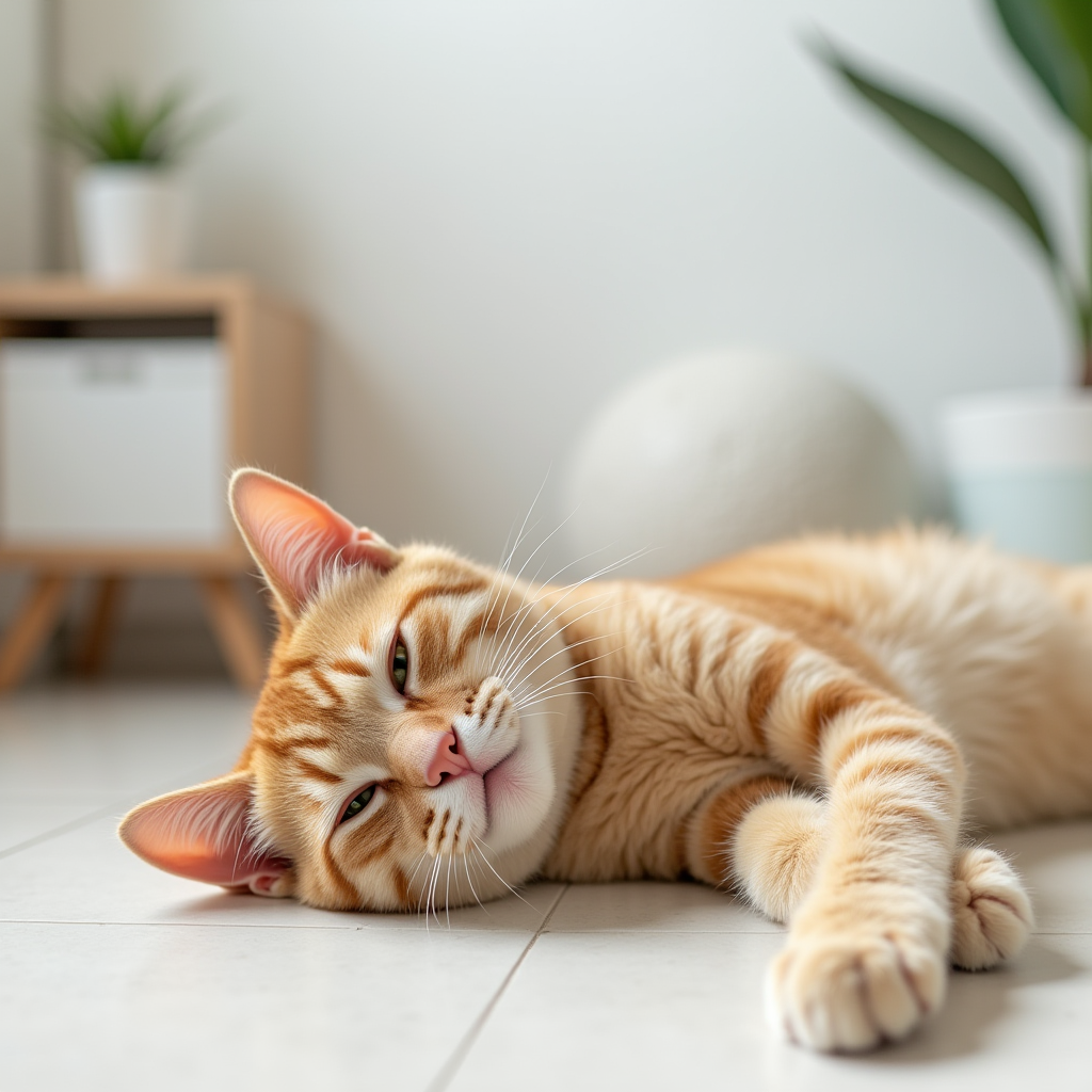 A well-groomed, content cat lounging lazily against a minimalistic background
