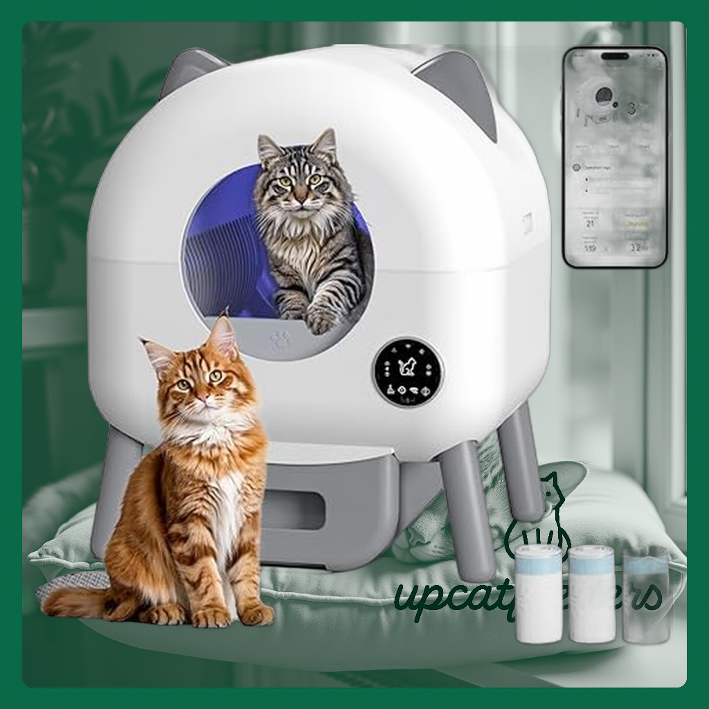 Image of an automatic, self-cleaning cat litter box with app control, odor control, and safety features