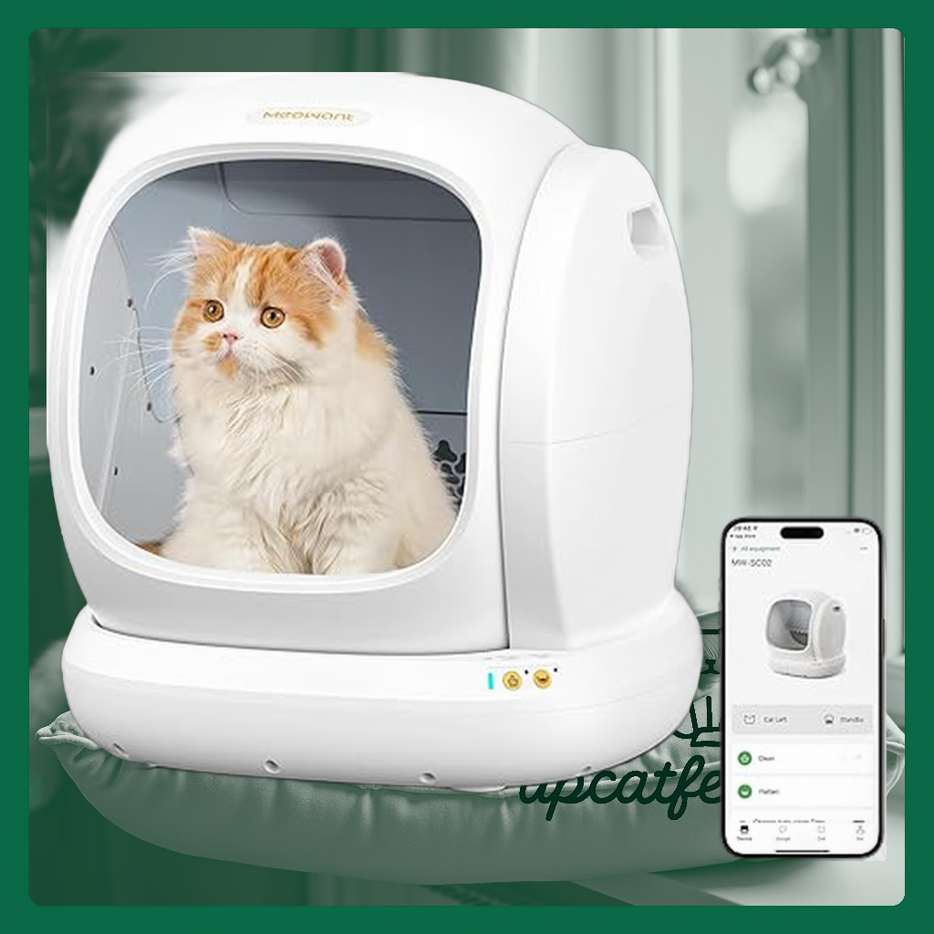 Digital illustration of an automatic self-cleaning cat litter box with safety features and app control.