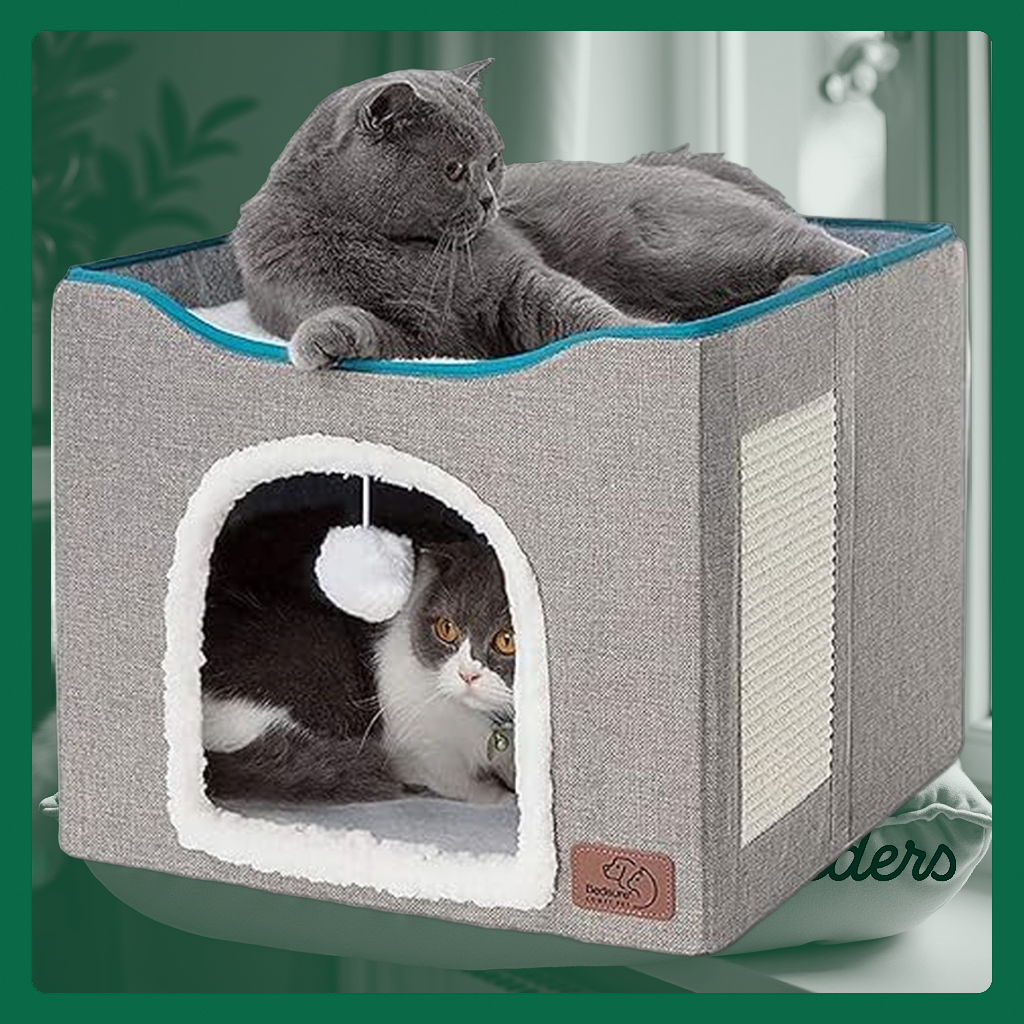 Image of an indoor pet sanctuary for cats and small dogs, equipped with a scratch pad, hanging toy, and a foldable mechanism.
