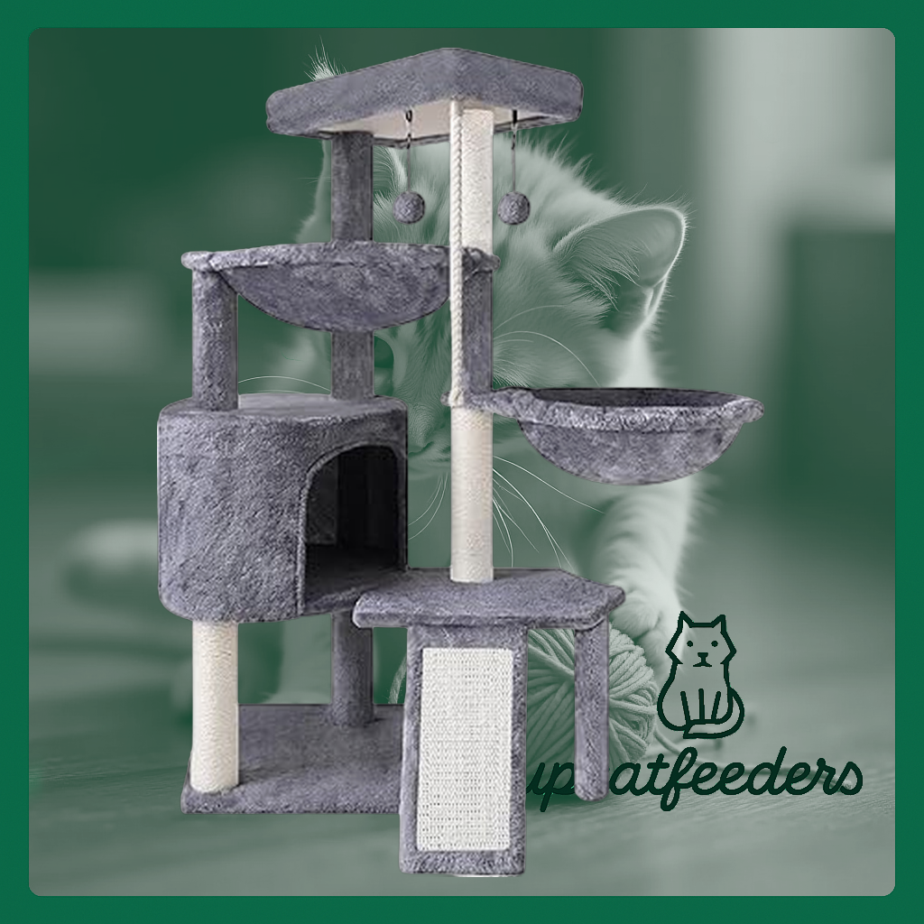 A three-layer cat tree featuring a condo, two hammocks, scratch posts, and hanging toys.