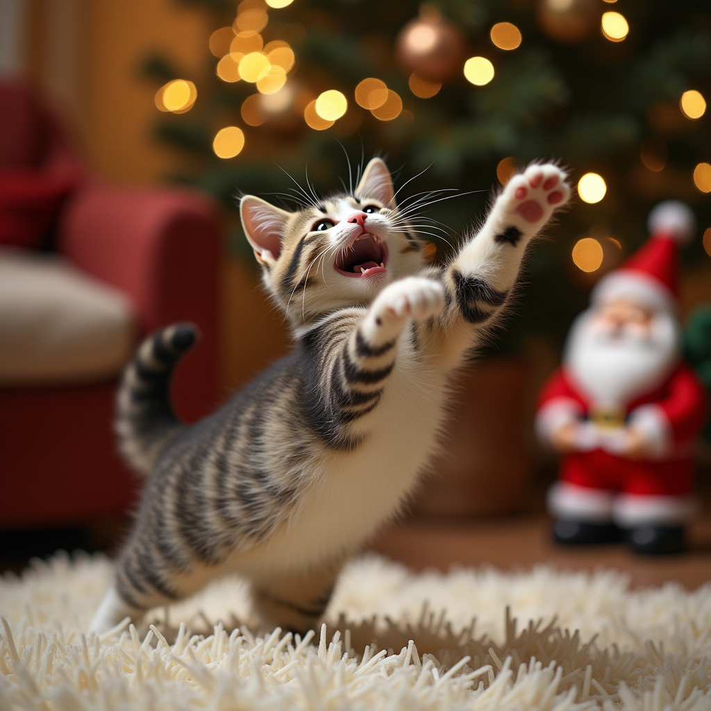 A playful cat pouncing in a cozy indoor setting decorated for Christmas with a prominent Santa Claus figurine