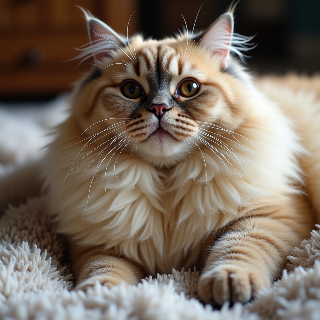 A well-groomed, satisfied long-haired cat relaxing in a snug indoor environment.