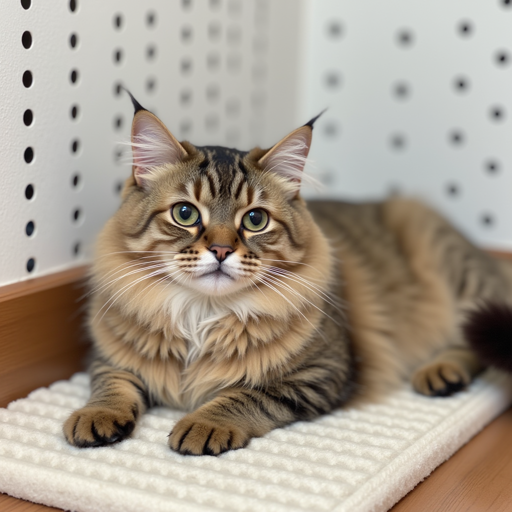 Picture of a fluffy, well-groomed cat lying contentedly on a soft mat, next to a dotted wall corner