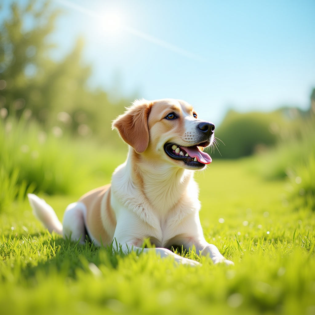 Relaxed adult dog sitting in a sunlit meadow with green foliage and a clear blue sky in the background