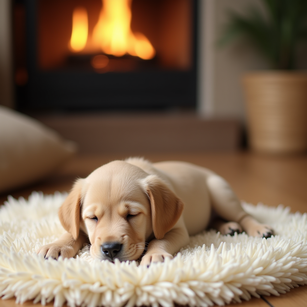 An adorable puppy sleeping peacefully on a cream rug in a serene and cozy room, illuminated by the warm glow of a fireplace.