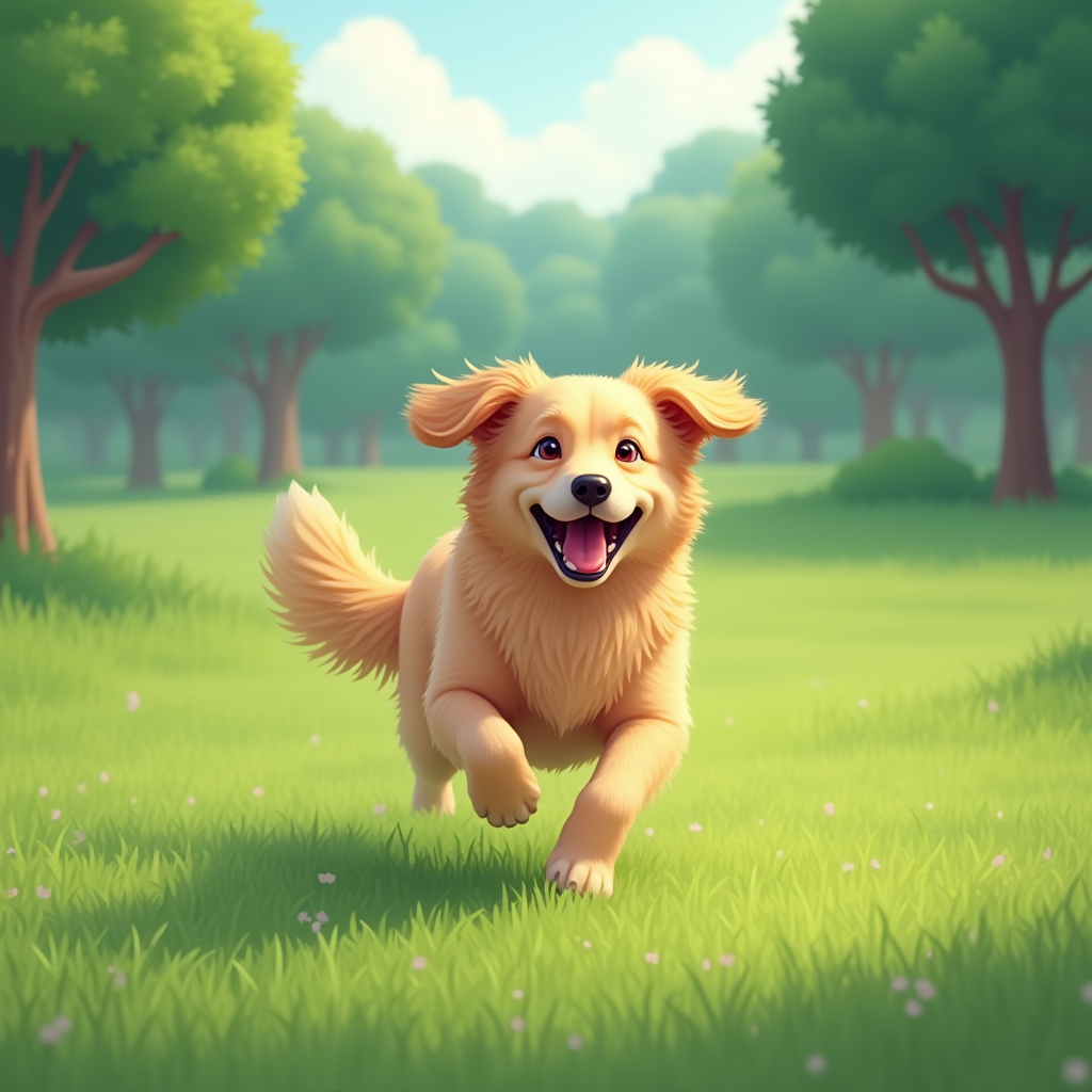 A happy, energetic Golden Retriever frolicking in a lush, tranquil park