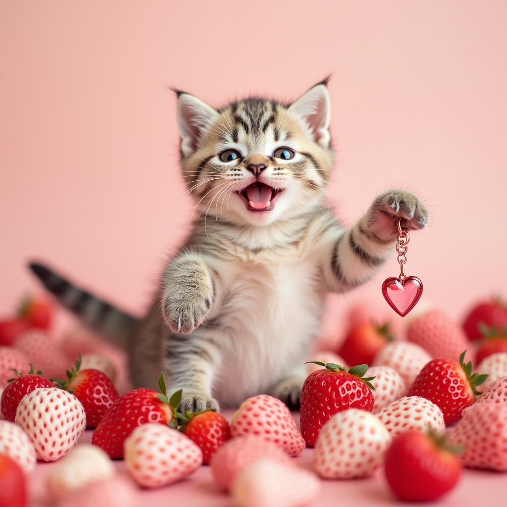 A happy kitten in a colourful scene with strawberries and a heart pendant.