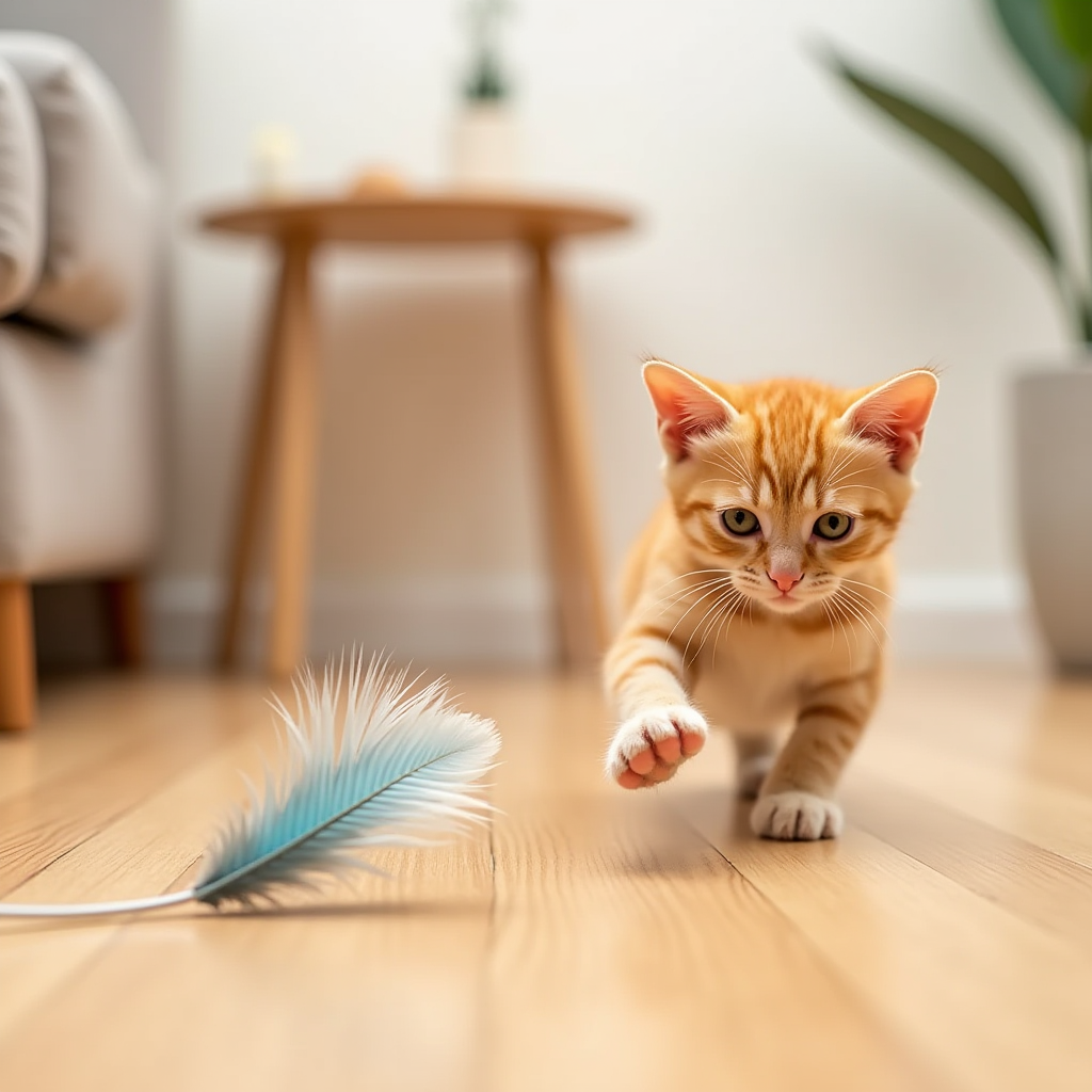 An adorable, energized ginger kitten focused on a feathered toy, preparing to pounce, on a hardwood floor with a USB cable subtly in the background