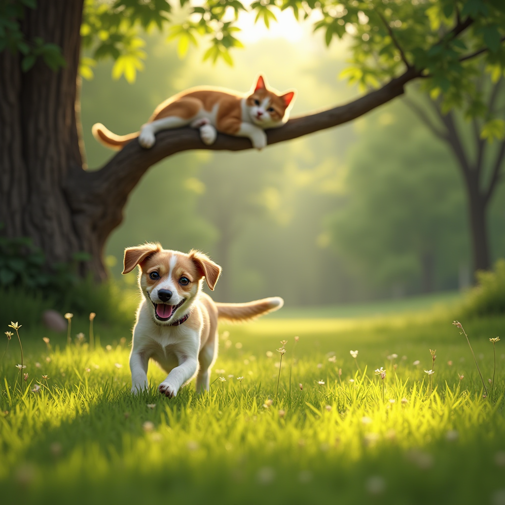 An image of a happy dog playing in a lush field, with a laid-back cat perched on a tree, and serene forest in the backdrop