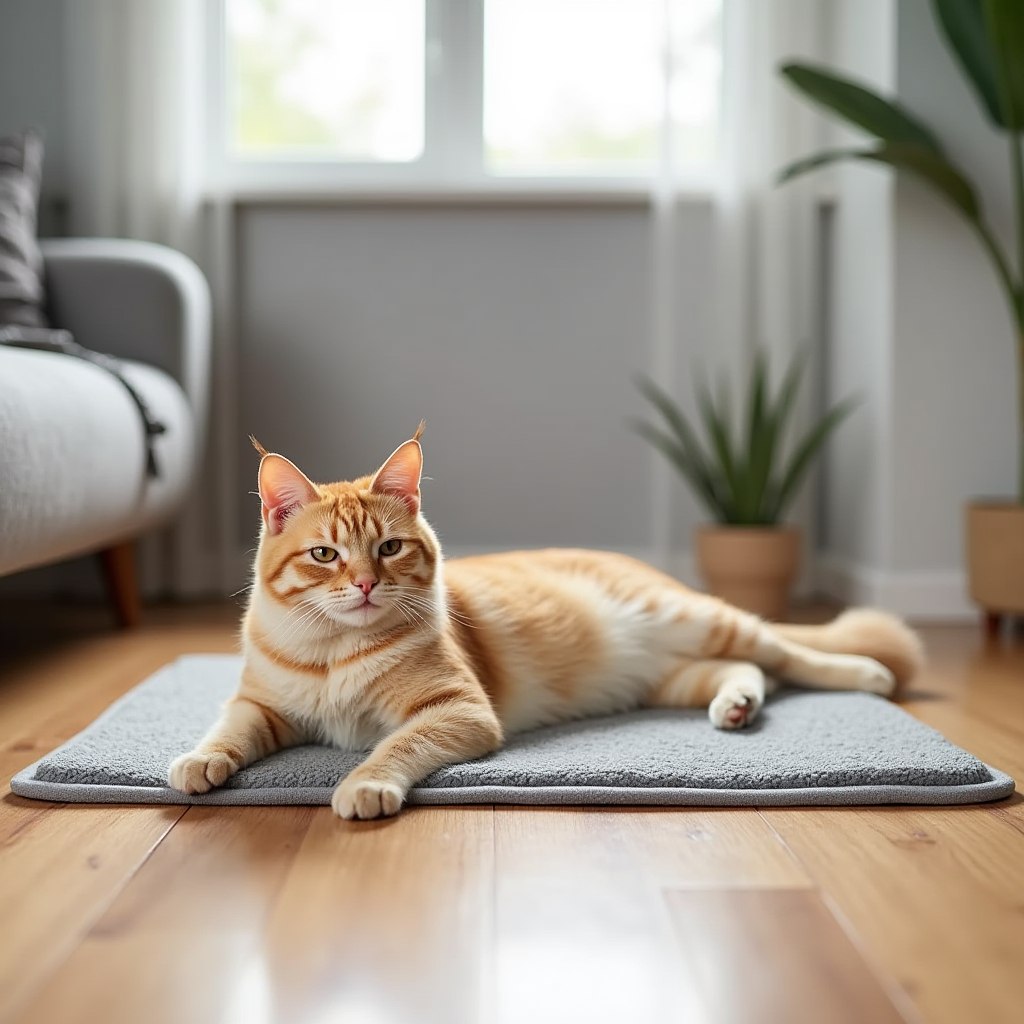 A content cat stretching on a polished hardwood floor in a serene, grey-toned home interior