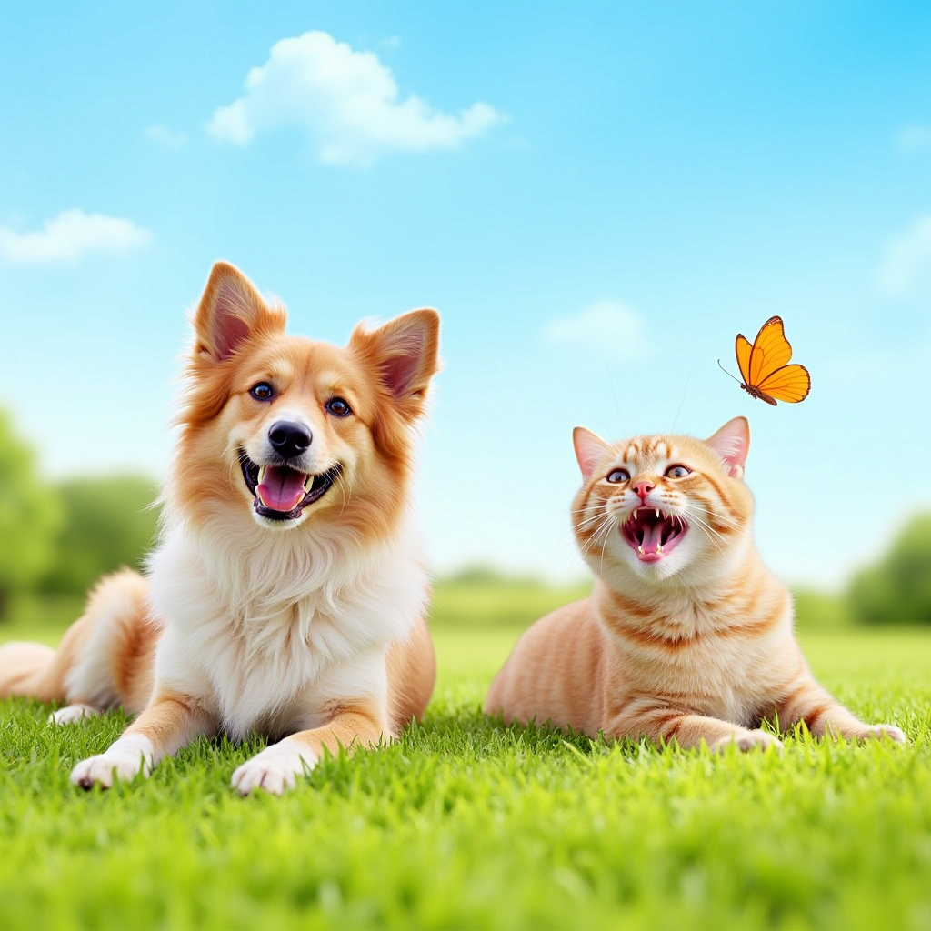 A radiant dog lying on a lush field with a playful cat batting at a brightly colored butterfly