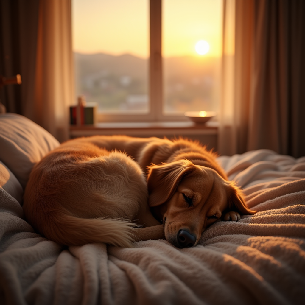 An image of a content golden retriever resting peacefully in a cozy bedroom lit up by the soothing sunset