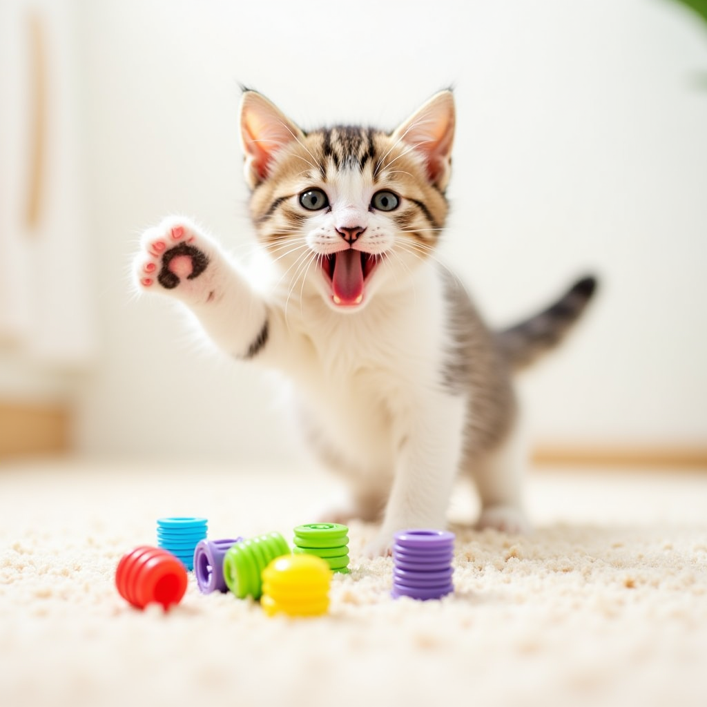 A curious kitten with paw outstretched playing with multi-colored spring cat toys on a pastel carpet