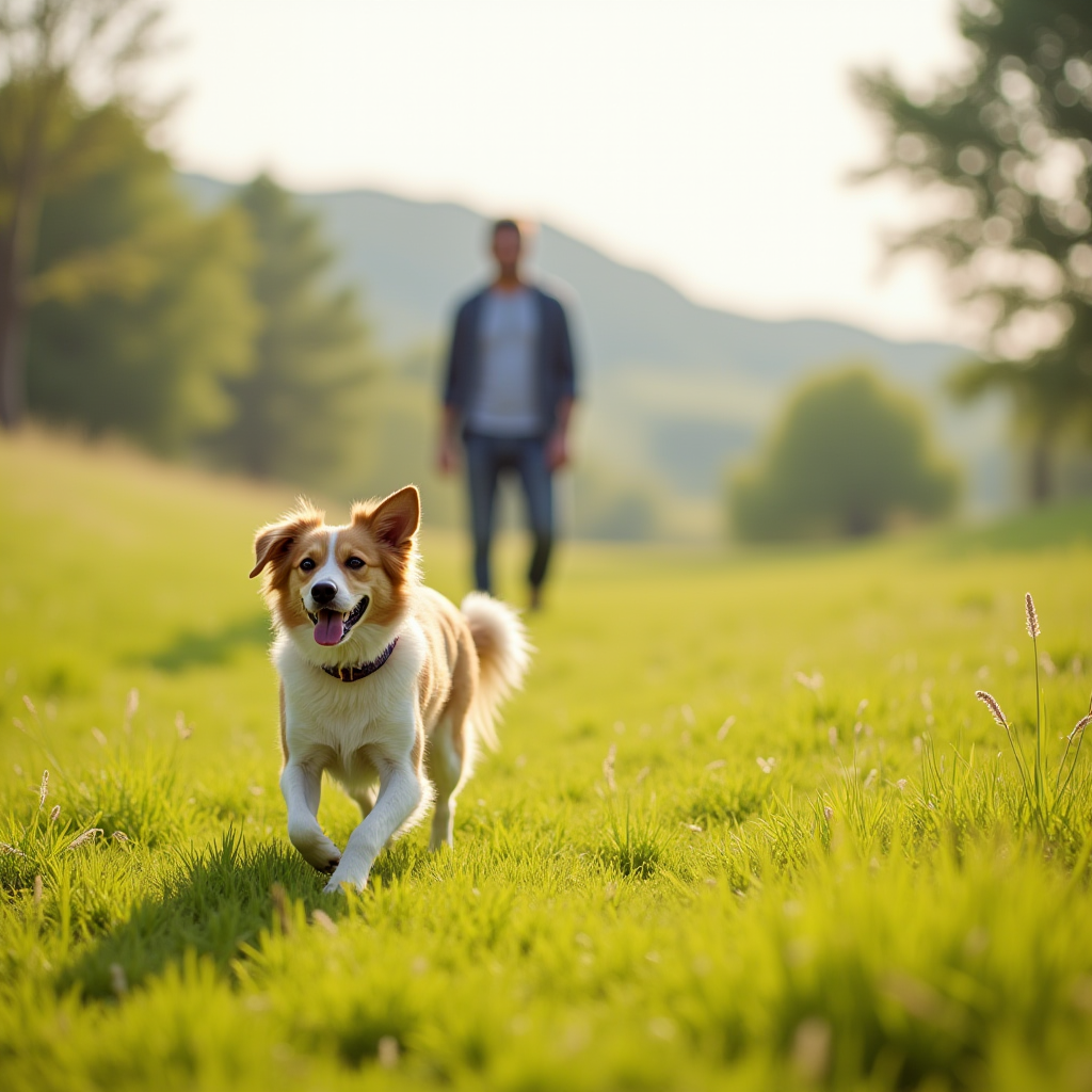 A content dog strolling leisurely in a tranquil meadow with its satisfied owner standing in the distance
