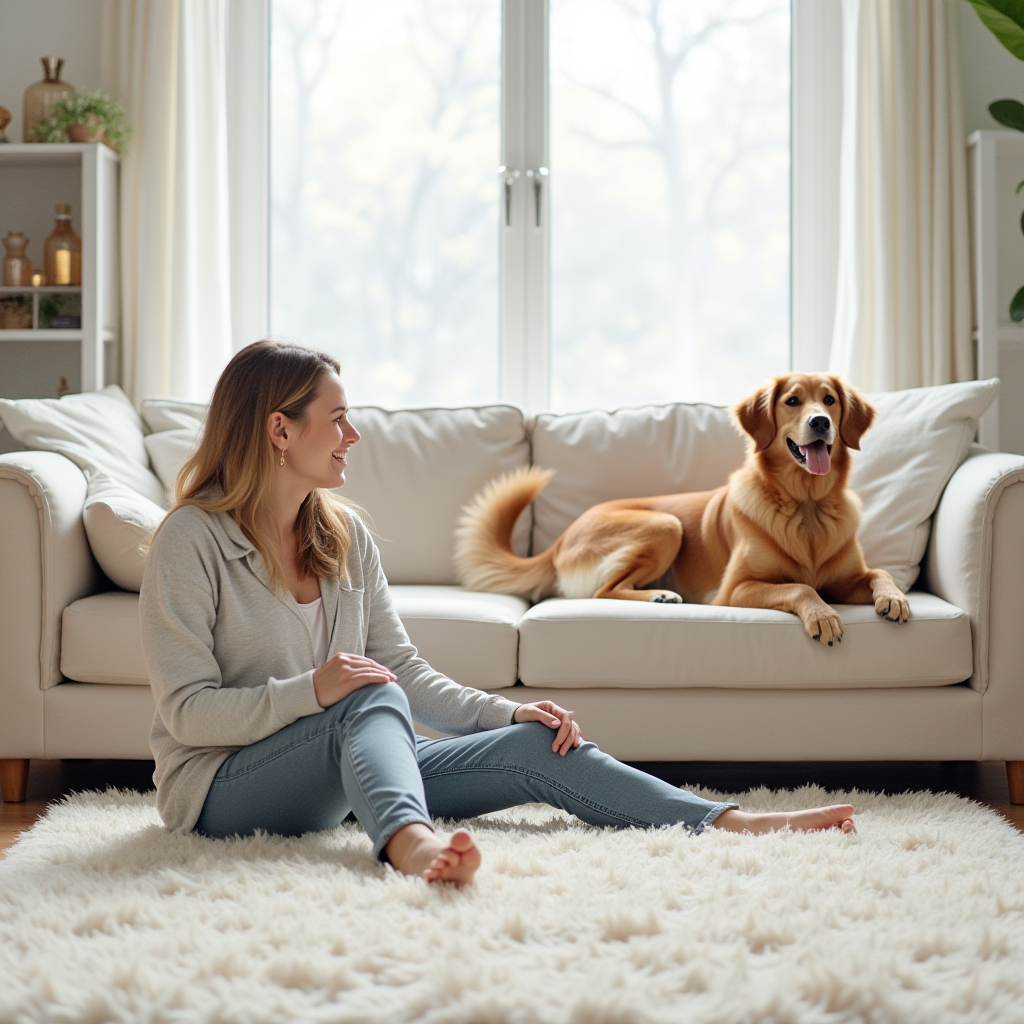 Image showing a well-groomed dog on a spotless couch with an owner sitting on a hair-free carpet